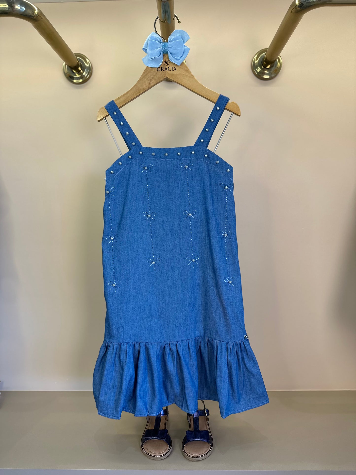 Vestido Infantil Jeans Aplicação Pérolas e Strass - Petit Cherie