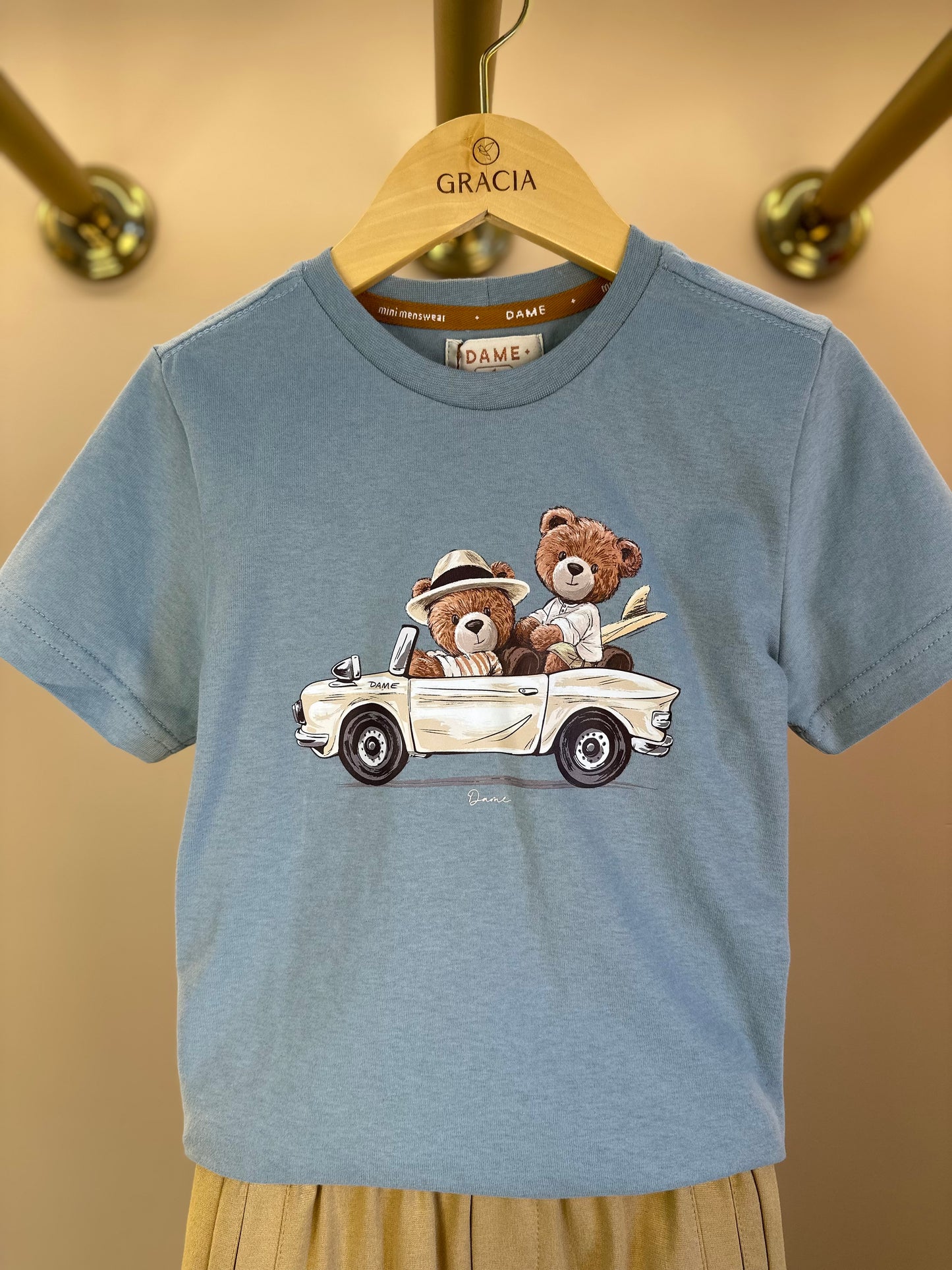 Conjunto Infantil Camiseta Algodão Teddy Conversível Malibu e Bermuda Ponto Roma Bolsos Cargo Bege - Dame