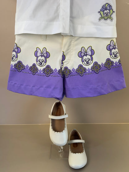 Conjunto Infantil Camisa Gola Clássica Capa Minnie Florais e Shorts Sarja Minnie Florais Detalhes Lilás - Animê