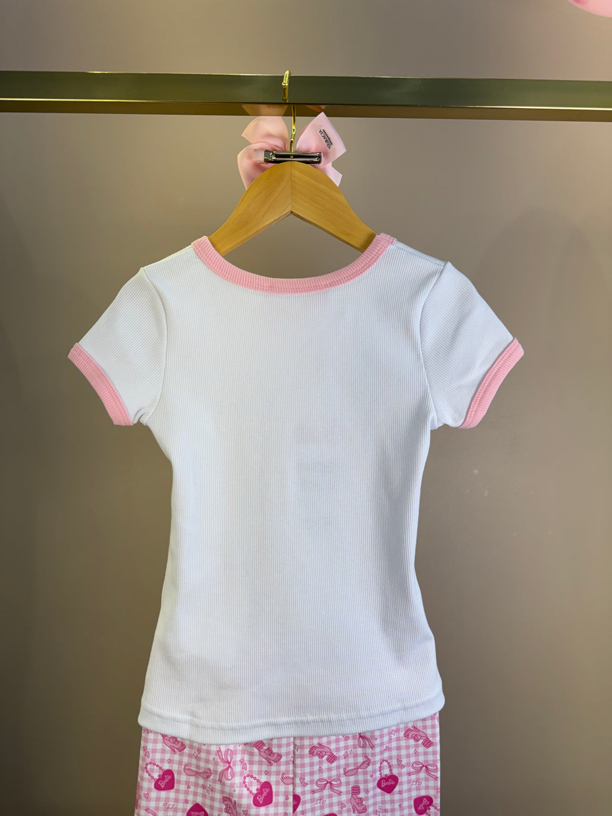 Conjunto Infantil Blusa Barbie Strass Branca e Calça Legging Barbie Rosa Xadrez - Pituchinhus