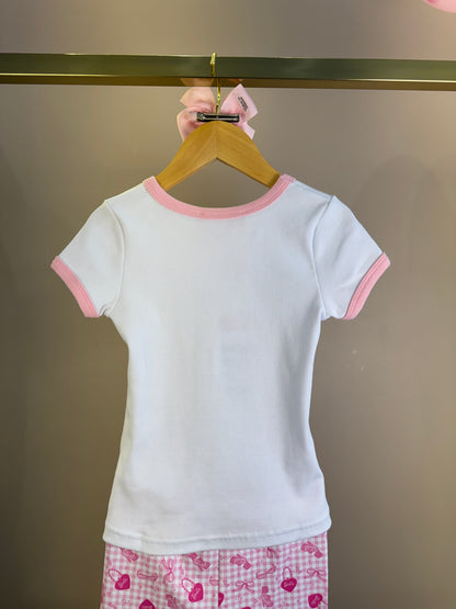 Conjunto Infantil Blusa Barbie Strass Branca e Calça Legging Barbie Rosa Xadrez - Pituchinhus