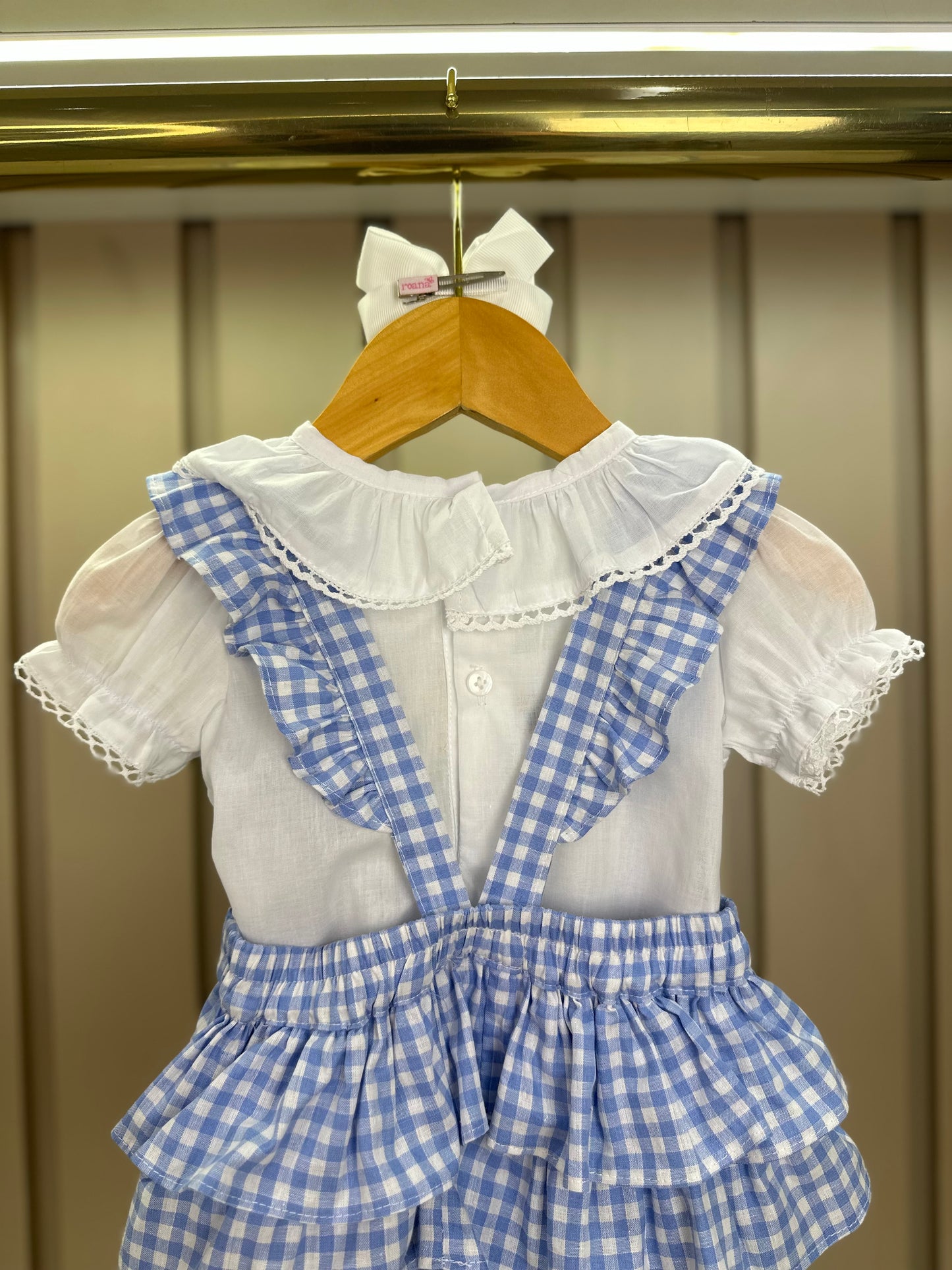Jardineira Bebê Clássica Xadrez Azul Body Branco Golinha - Roana