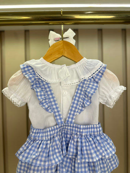 Jardineira Bebê Clássica Xadrez Azul Body Branco Golinha - Roana