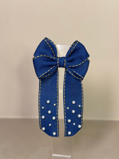 Laço Infantil Special Alongado Jeans Pérolas - Gracia