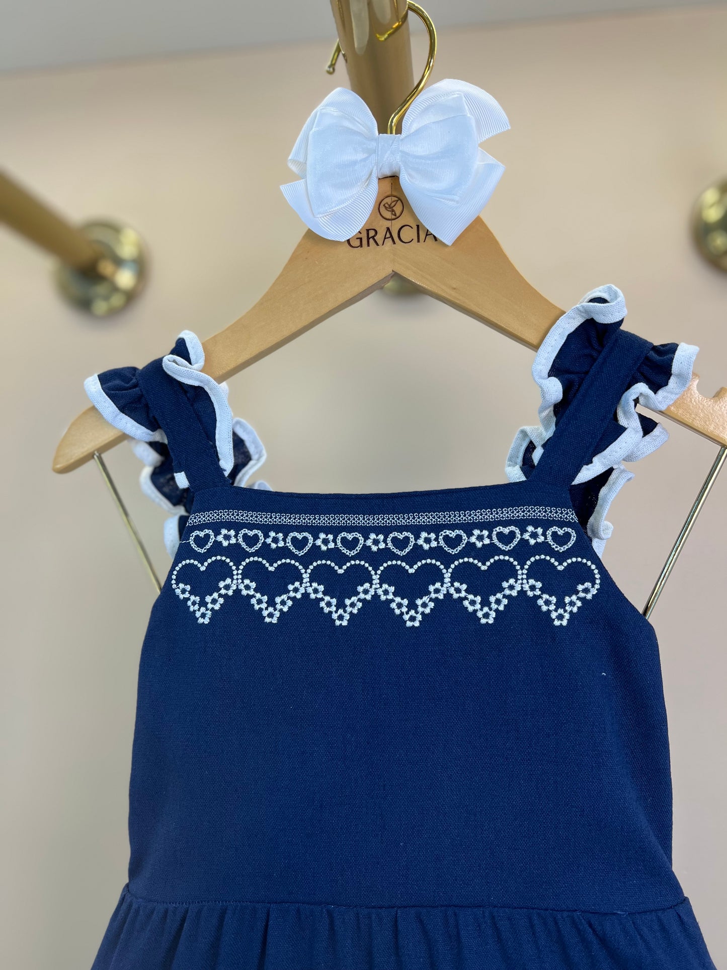 Vestido Infantil Linho Marinho Bordado Branco - Petit Cherie