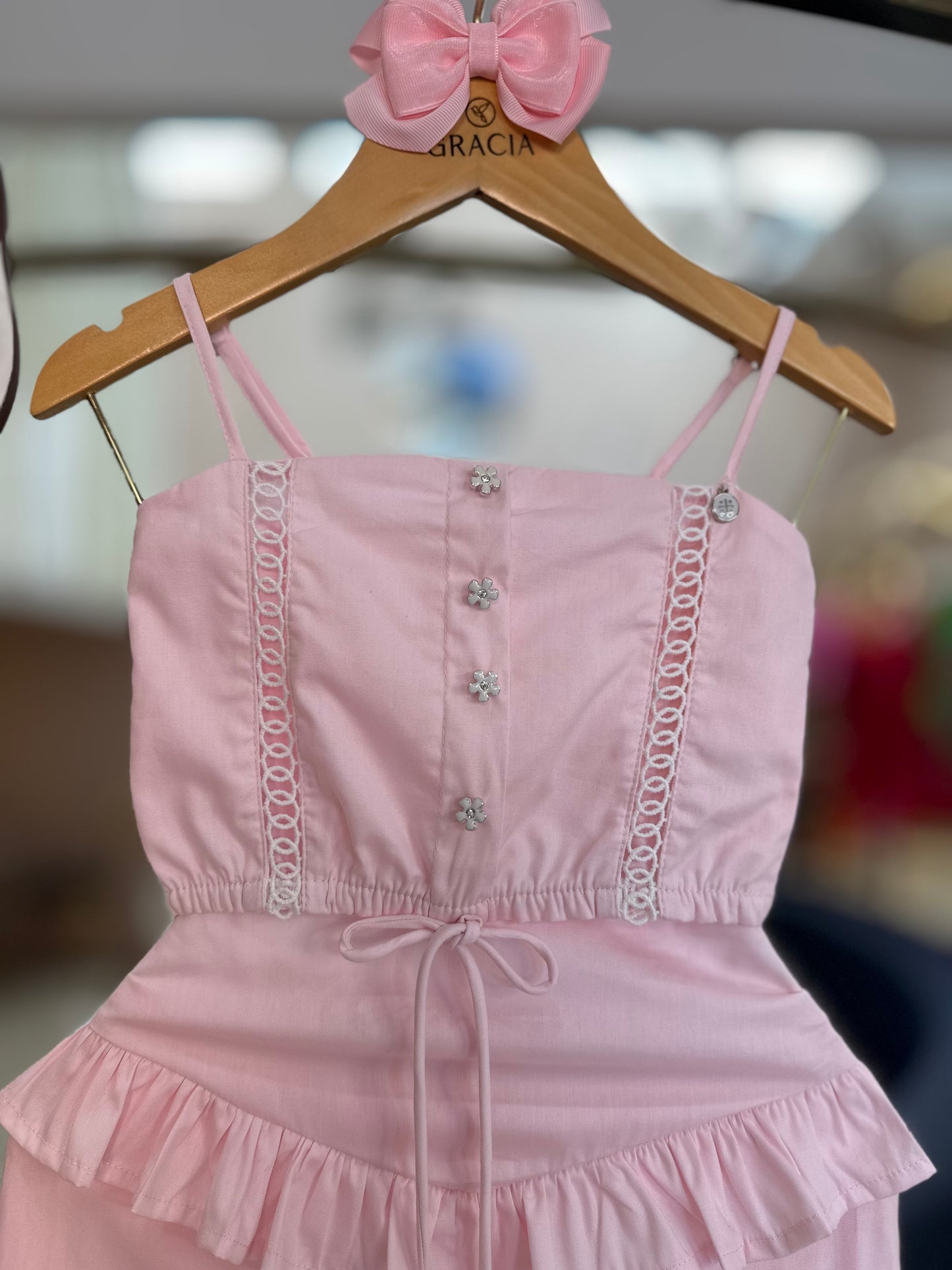 Conjunto Infantil Blusa e Saia-short de Algodão Entremeio em Renda Rosa - Um Mais Um