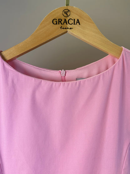 Vestido Teen Tricoline Rosa Com Mangas Bufantes - Authoria