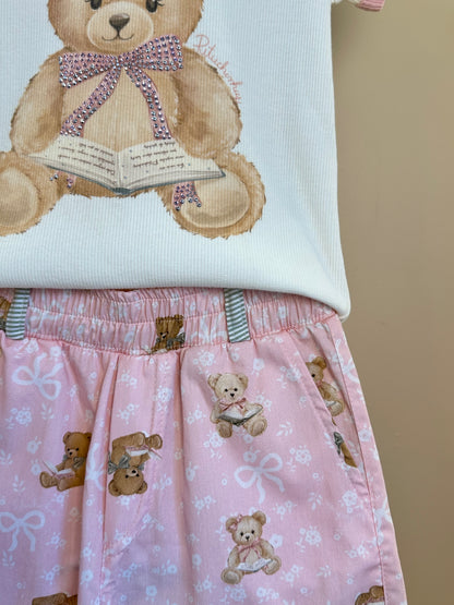 Conjunto Infantil Blusa Ursinho e Laço Nas Costas e Calça Pantacourt Algodão Estampa Ursinhos - Pituchinhus