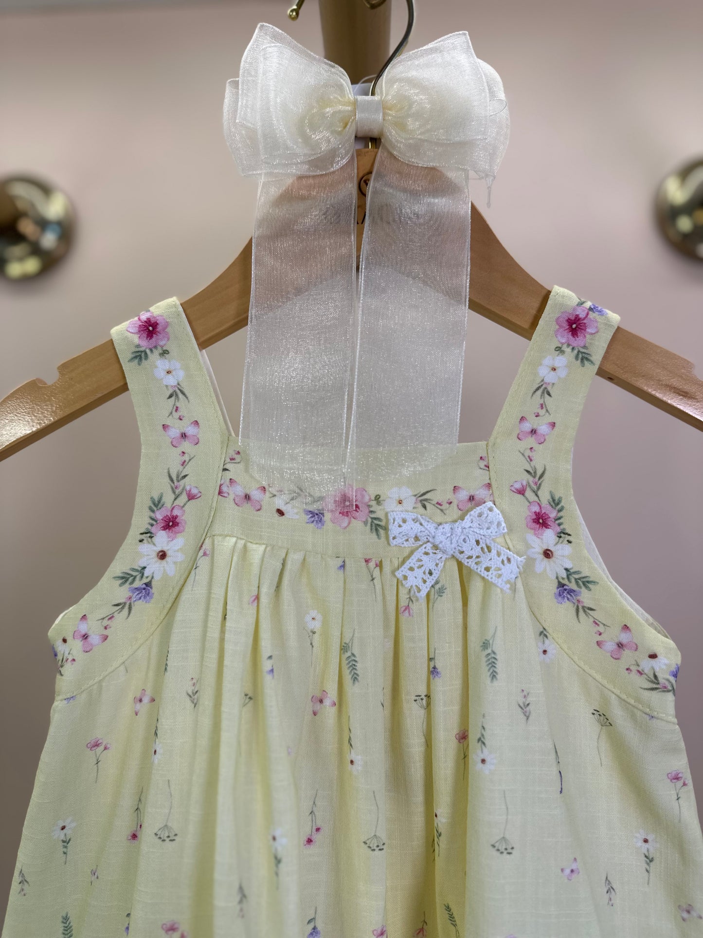 Vestido Infantil Trapézio Algodão Amarelo Estampado Flores - Petit Cherie