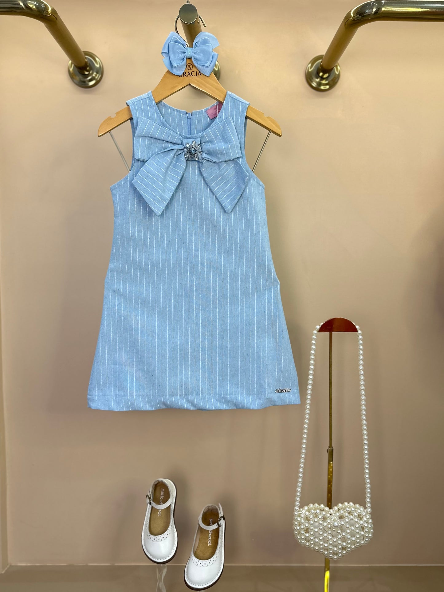 Vestido Infantil Trapézio Laço Bordado Azul Luluzinha