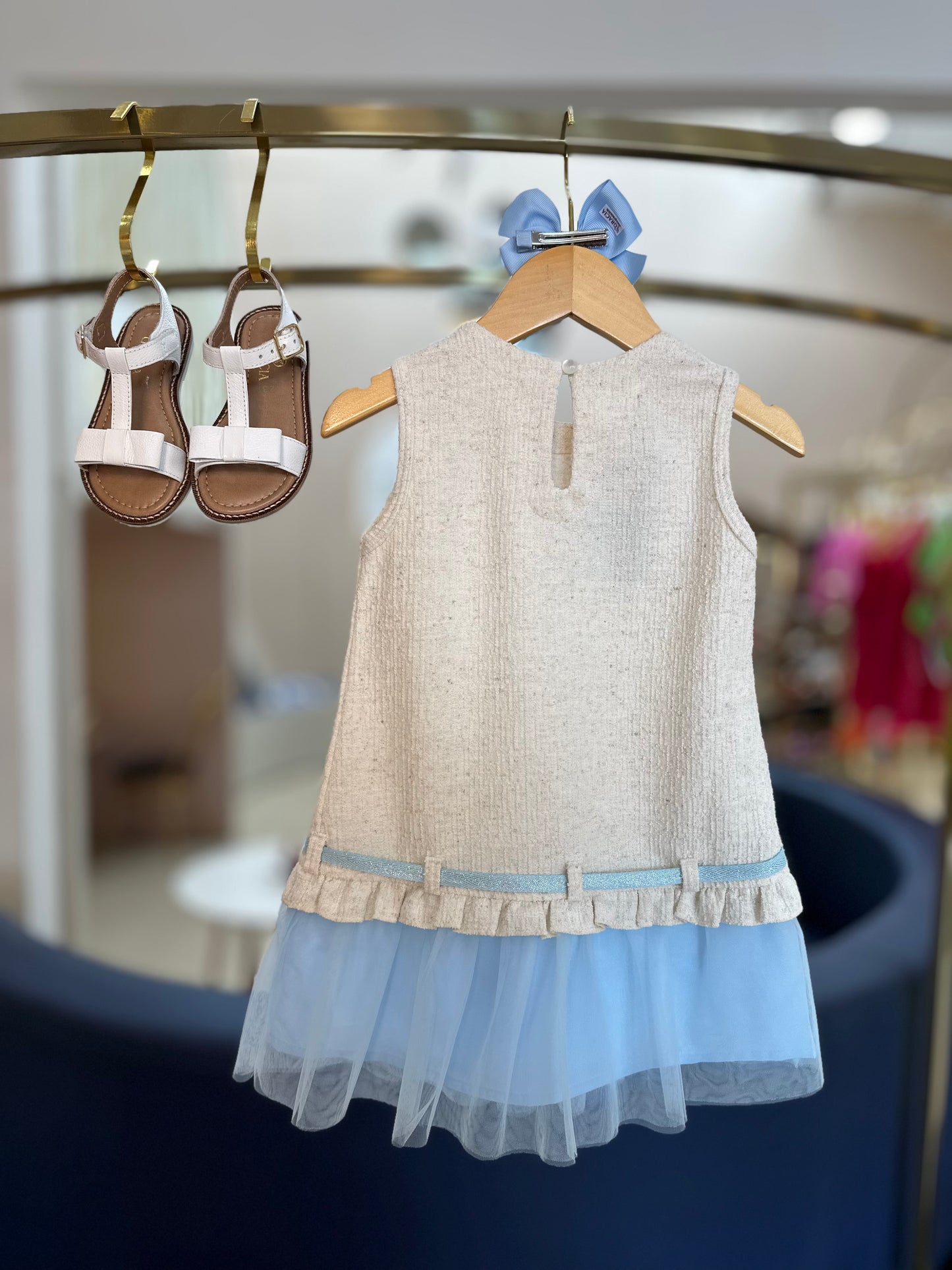 Vestido Infantil Jumper Tweed de Algodão Laço e Babado Azul - Beabá