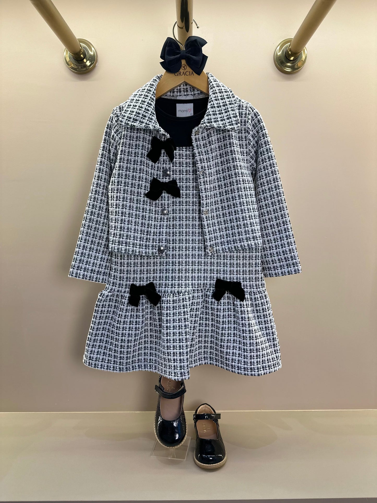 Vestido Infantil MC Sobreposição Tweed Xadrez Preto - Momi