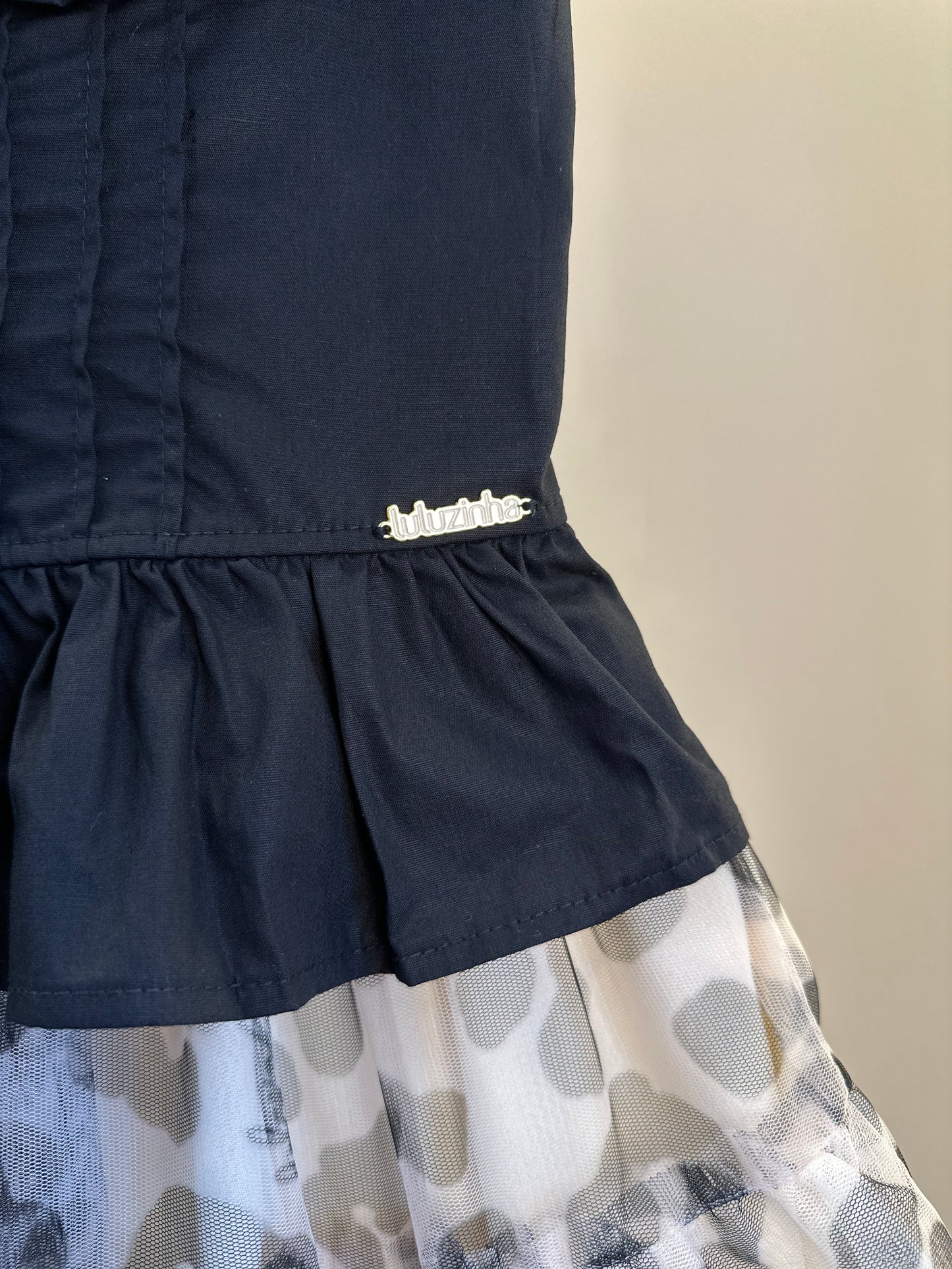 Conjunto Infantil Blusa Peplum Babadinho e Saia Rodada Tule Animal Print P&B - Luluzinha