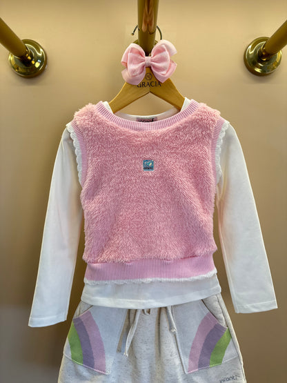 Conjunto Trio Blusa ML Off White, Colete Rosa e Saia Bege - Infanti
