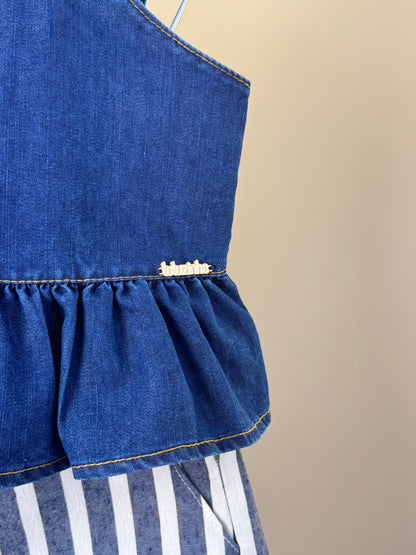 Conjunto Infantil Blusa Jeans Com Babado e Shorts Alfaiataria Listrado - Luluzinha