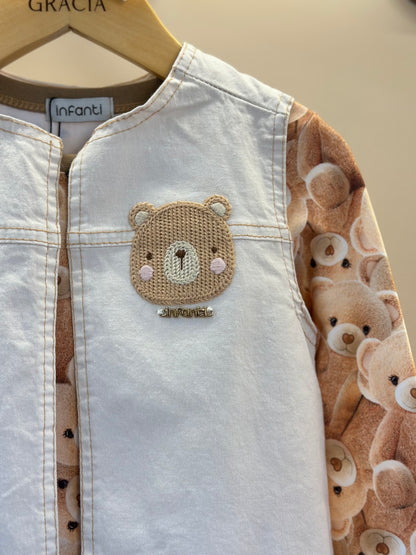 Conjunto Infantil Trio Blusa Ursinhos, Colete Sarja com Elastano e Shorts em Moletom s/ Pelúcia - Infanti