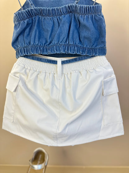 Conjunto Infantil Cropped Jeans Borboletas e Short-saia Cargo - Gabriela Aquarela