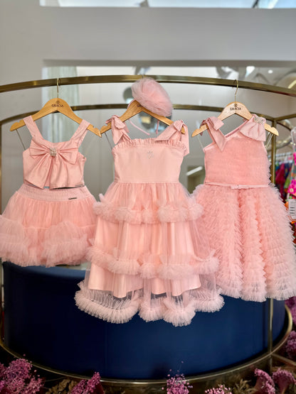 Vestido Infantil Festa Alça Laço e Frufru Tule Rosa Fada - Pituchinhus