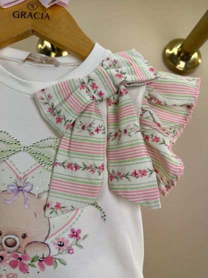Conjunto Infantil Blusa Ursinha Laço Lateral e Shorts Linho - Petit Cherie