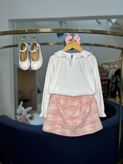 Conjunto Infantil Blusa de Algodão com Laço e Shorts-saia