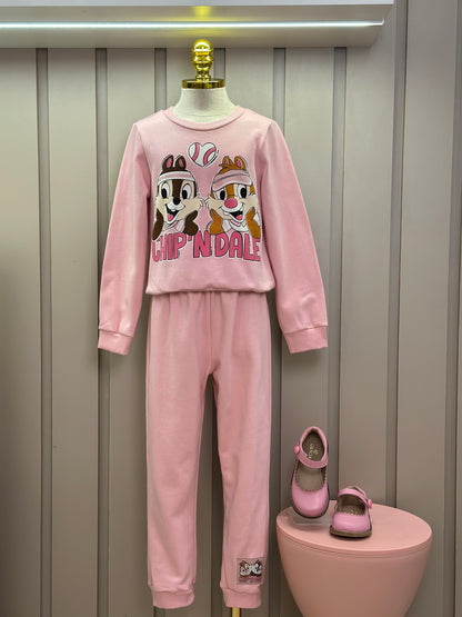Conjunto Infantil Moletom Casaco Chip'N Dale e Calça Rosa Quartzo - Momi Mini