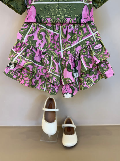Conjunto Infantil Blusa e Shorts Maxi Minnie Barrado Rosa e Verde Forest - Animê PRÉ-VENDA