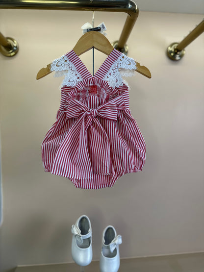 Romper Bebê Fofinho Balonê Algodão Listrado Vermelho -  Um Mais Um