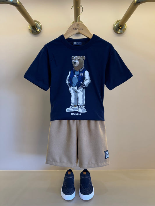 Conjunto Infantil Camiseta Ursinho College e Bermuda Bege - Youccie