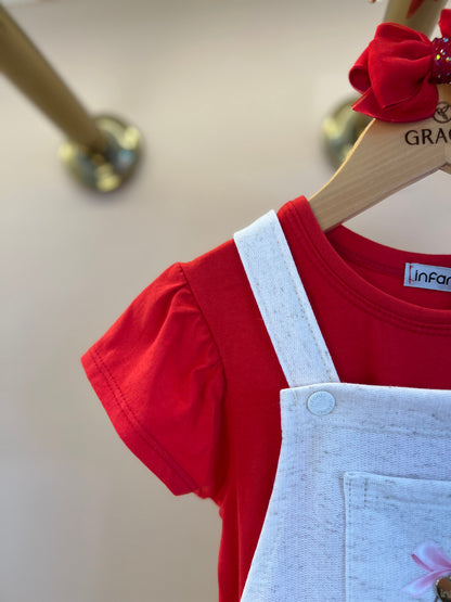 Salopete Infantil Estampada Ursa e Blusa Vermelha - Infanti