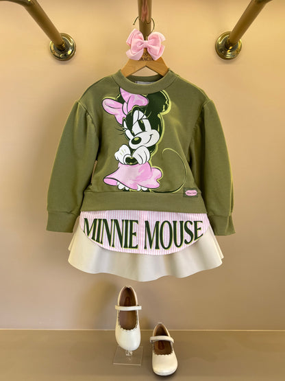 Conjunto Infantil Casaco Minnie Mouse Verde Forest e Saia Couro Tech Bege Vanilla - Animê