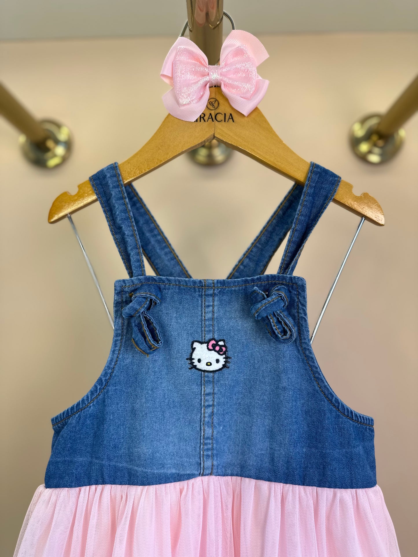 Vestido Infantil Jeans com Tule Rosa Hello Kitty - Momi