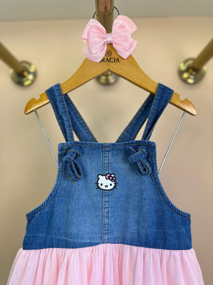 Vestido Infantil Jeans com Tule Rosa Hello Kitty - Momi