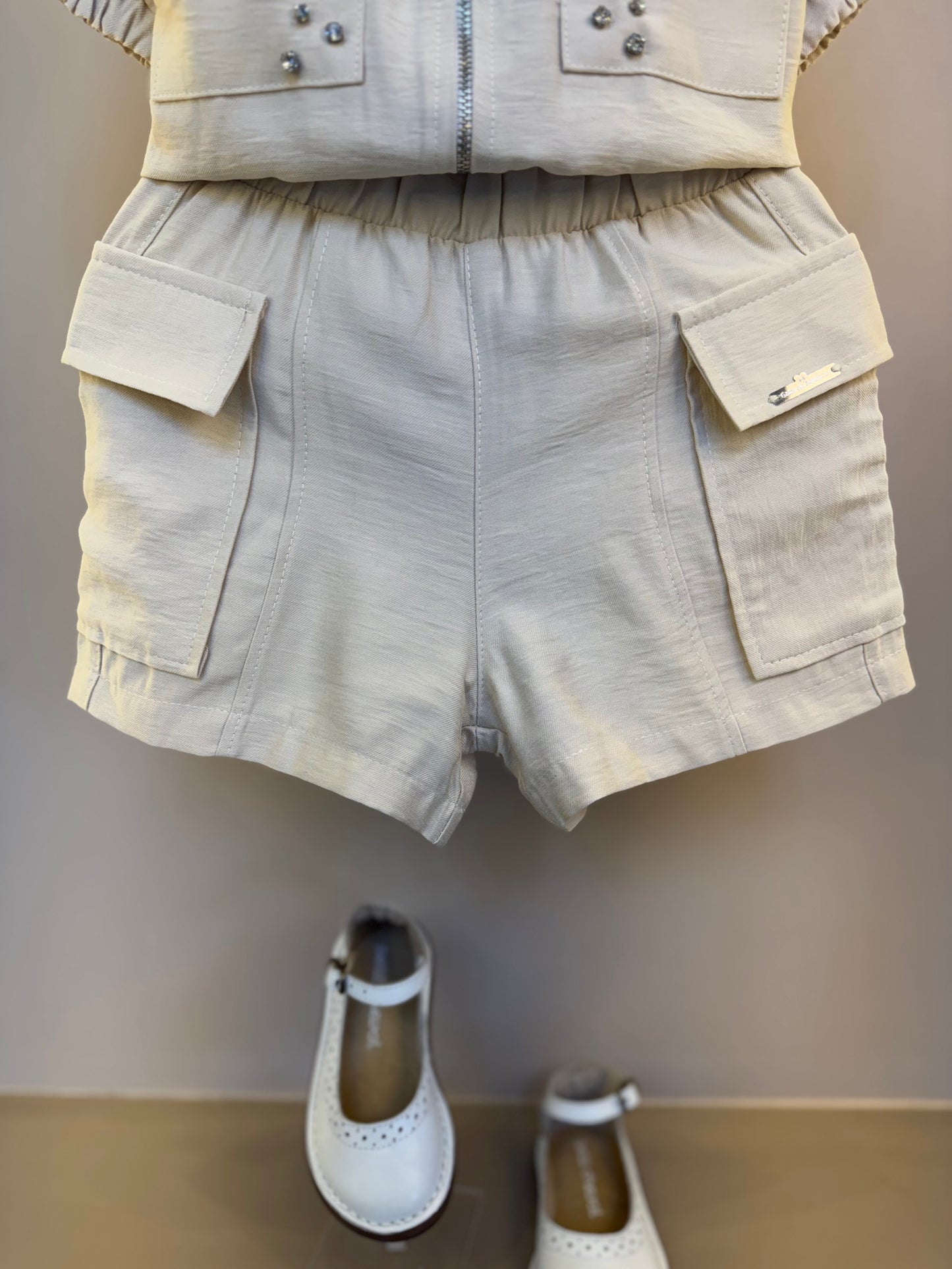 Conjunto Infantil Bomber e Bermuda Alfaiataria Bege - Gabriela Aquarela