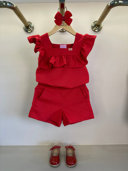 Conjunto Infantil Blusa e Shorts Linho Vermelho - Luluzinha