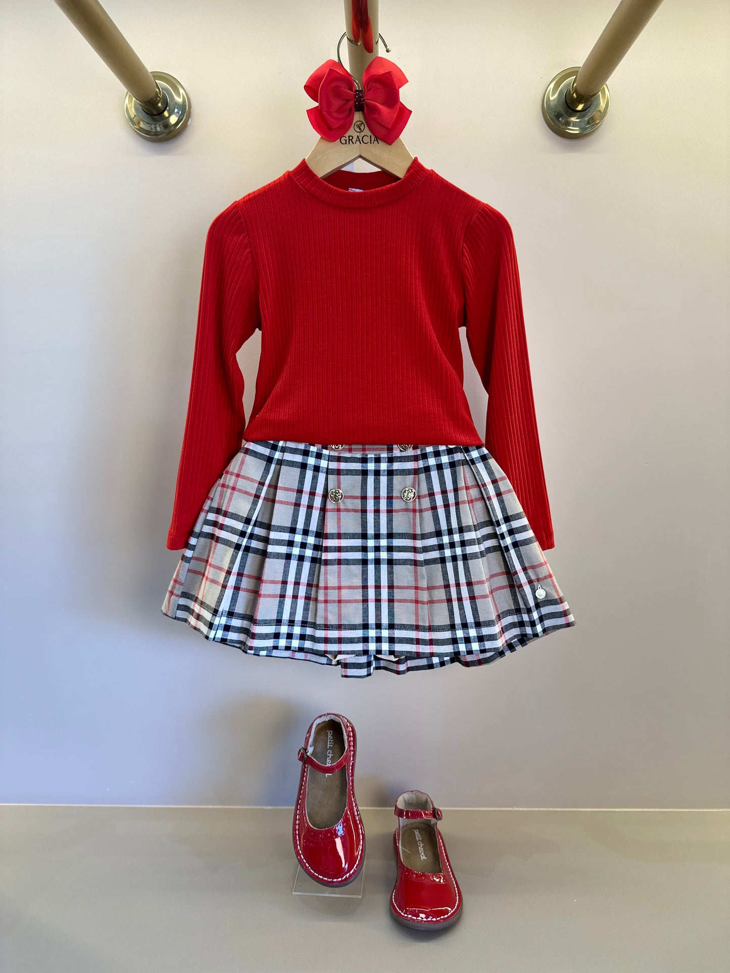 Conjunto Infantil Blusa ML Vermelha e Saia-shorts Alfaiataria Xadrez - Um Mais Um