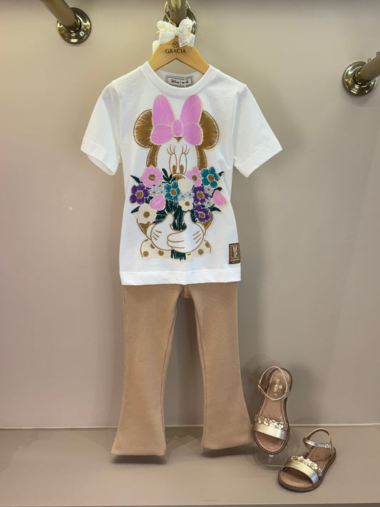 Conjunto Infantil Blusa Over Minnie Flores e Calça Flare Canelada Bege - Animê