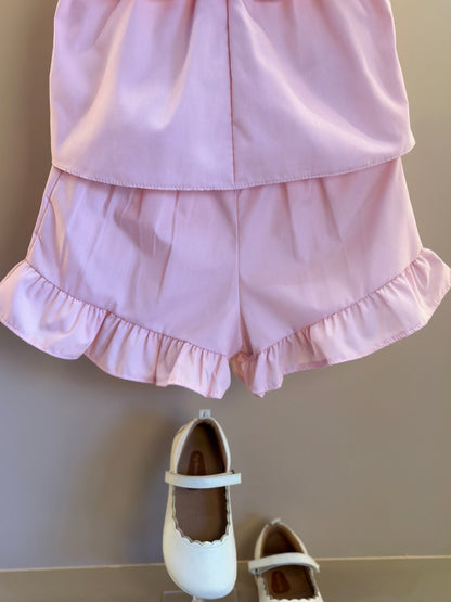 Conjunto Infantil Tricoline Blusa Bordada Flores e Shorts Babadinhos Rosa - Mon Sucré