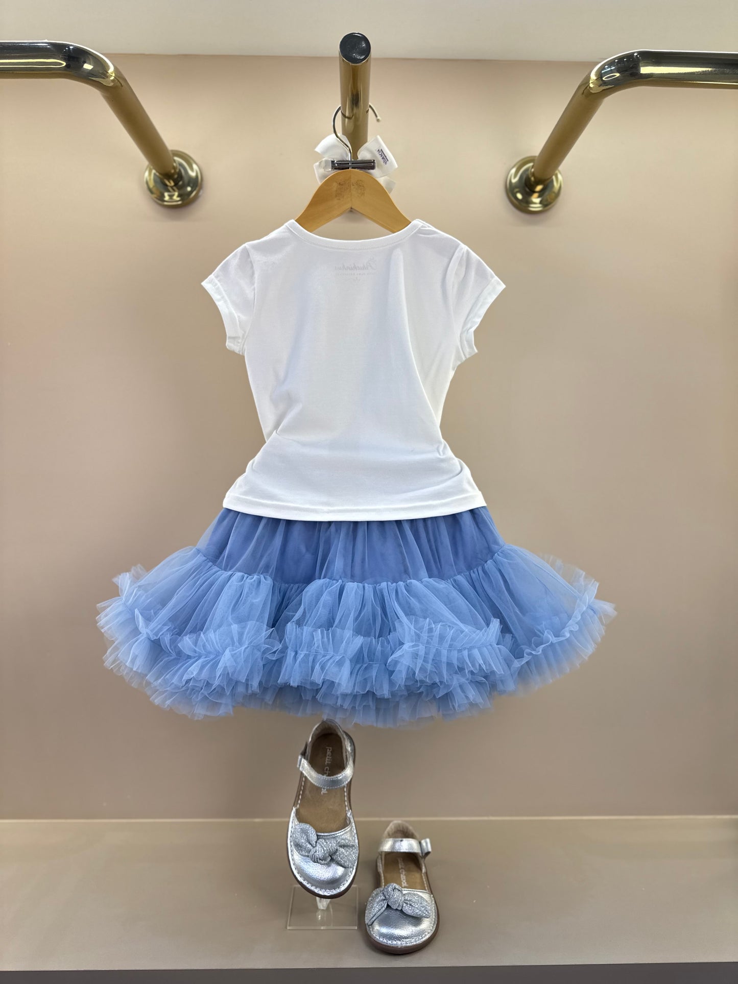 Conjunto Infantil Blusa Cotton Off White Love E Saia Tule Azul Fru-Fru - Pituchinhus
