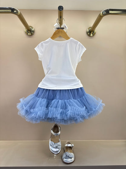 Conjunto Infantil Blusa Cotton Off White Love E Saia Tule Azul Fru-Fru - Pituchinhus