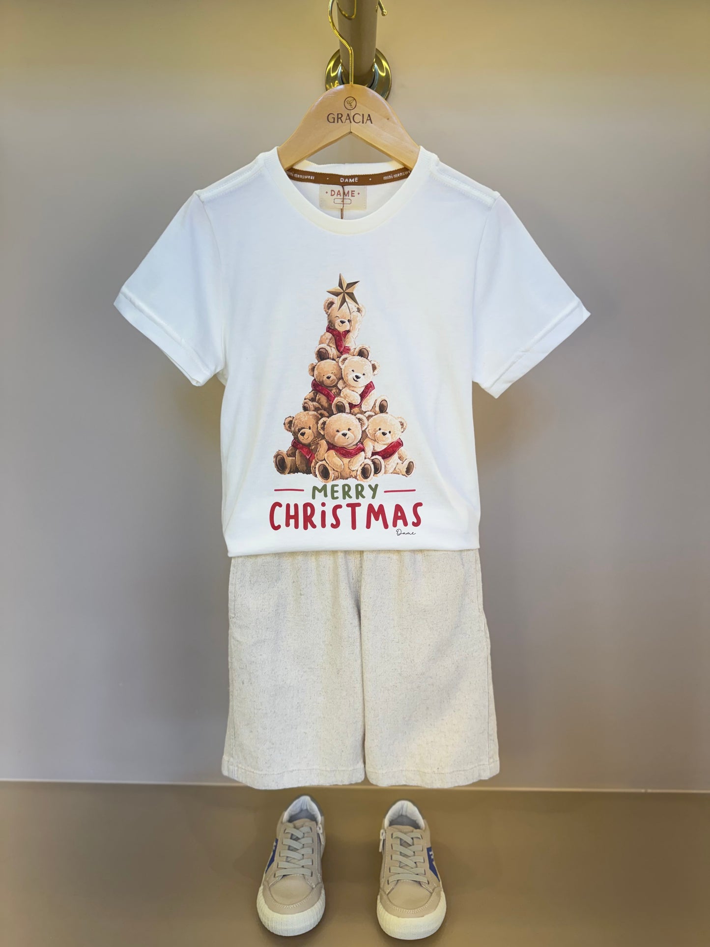Conjunto Infantil Camiseta Algodão Teddy Natal MC e Bermuda Linho Elastano Bege - Dame