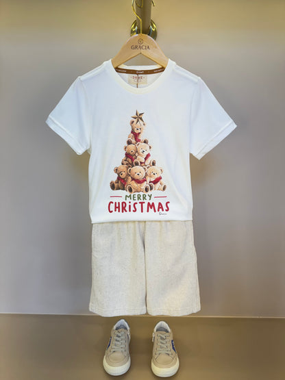 Conjunto Infantil Camiseta Algodão Teddy Natal MC e Bermuda Linho Elastano Bege - Dame