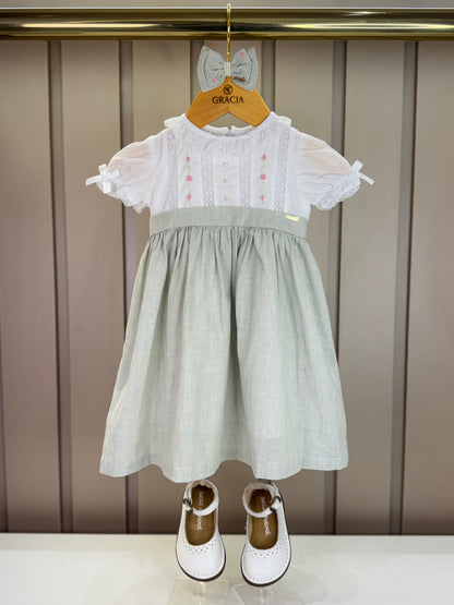 Vestido Infantil Bordado Flores E Mangas Bordadas  Clásico Verde - Roana