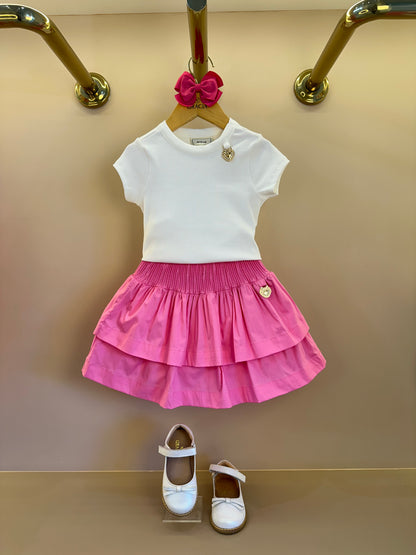 Conjunto Infantil Blusa Off Joia Coração e Saia Babado Rosa - Animê