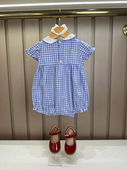 Pimpão Bebê Luxo Gola Bordada Renda Xadrez Azul - Roana