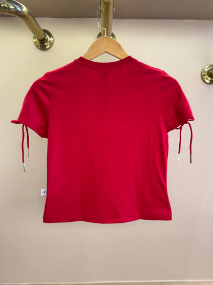 Camiseta Teen Baby Look Ursinho Amarração Mangas Vermelha - Two In