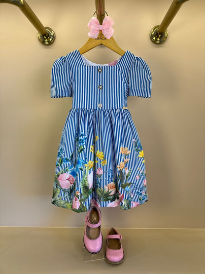 Vestido Infantil Rodado Algodão Listrado Barrado Floral - Luluzinha