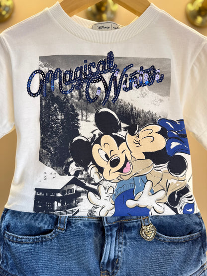 Conjunto Infantil Blusa Minnie & Mickey Lantejoulas e Saia Jeans Balonê Mini-Joia - Animê