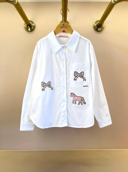 Camisa Infantil Tricoline Ampla Patches Laços e Cavalinho Branca - Pituchinhus