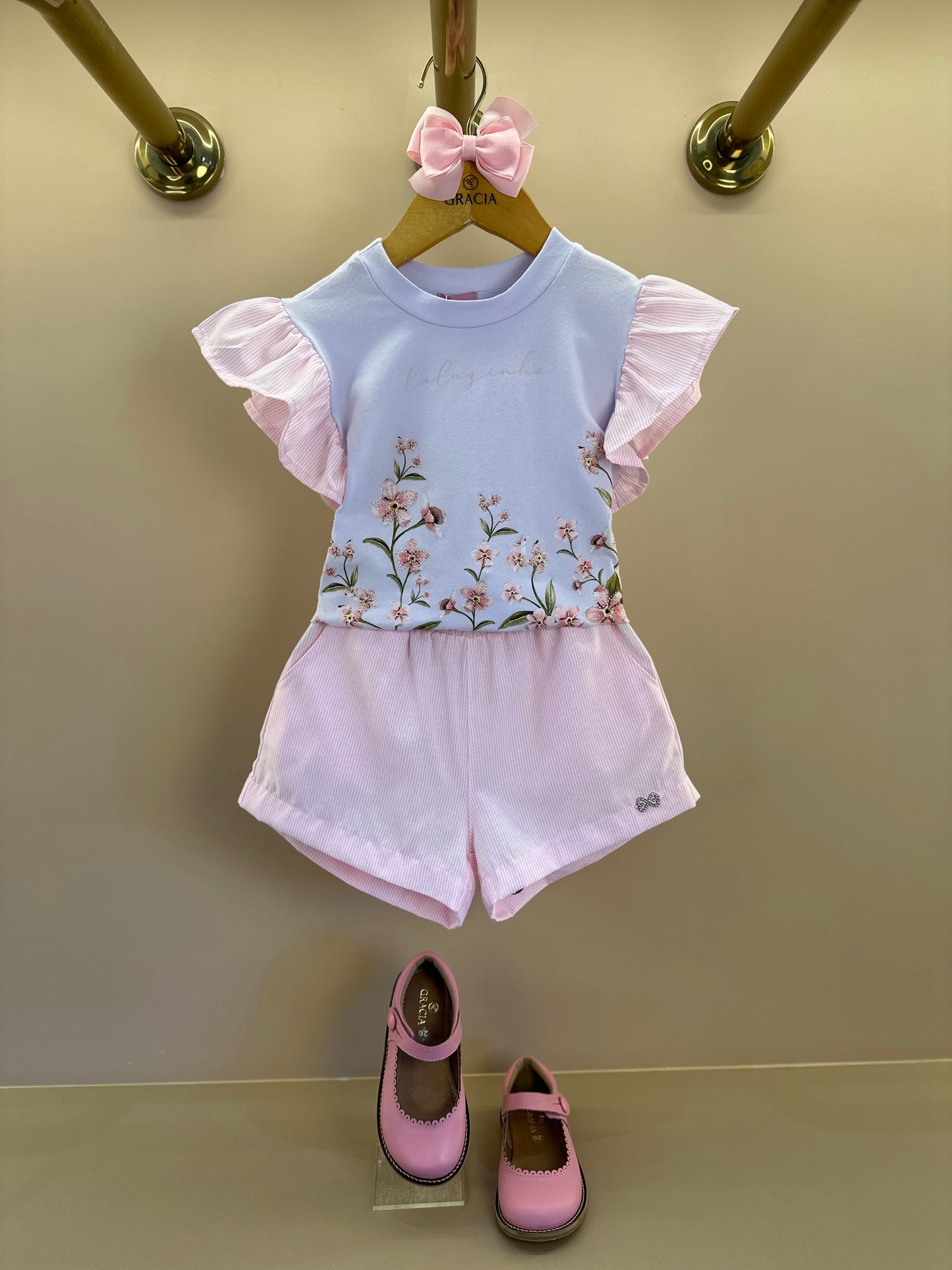 Conjunto Infantil Blusa Estampa Floral e Shorts Alfaiataria Listrado Rosa - Luluzinha