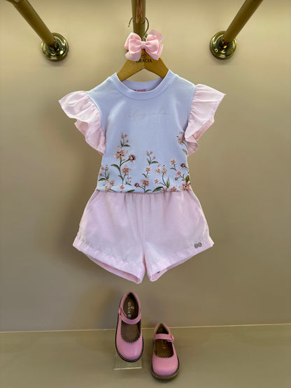 Conjunto Infantil Blusa Estampa Floral e Shorts Alfaiataria Listrado Rosa - Luluzinha